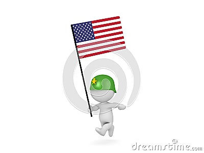 3D illustration of soldier running and holding the American Flag Cartoon Illustration