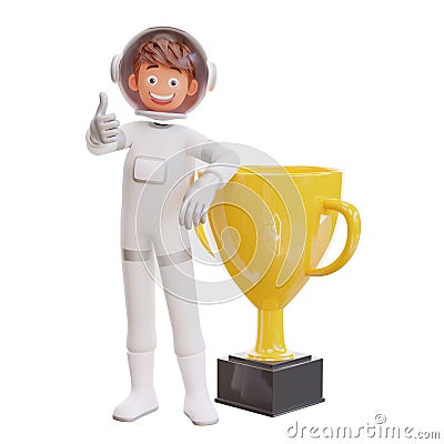 3d illustration spaceman astronaut with trophy Cartoon Illustration