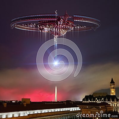 3D Illustration of a spaceship over Washington DC Stock Photo