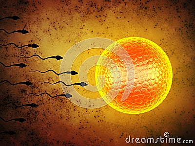 3D illustration sperm approaching egg cell. Cartoon Illustration