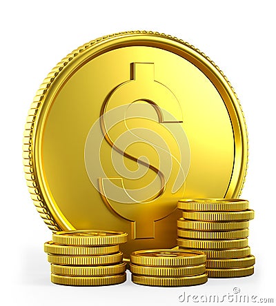 3D illustration of stack of coins and huge gold dollar. Financial consulting, investment and savings Cartoon Illustration