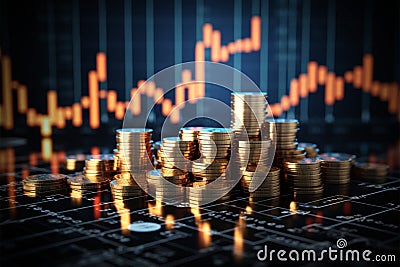 3D illustration Stacks of coins against stock market graph backdrop Cartoon Illustration