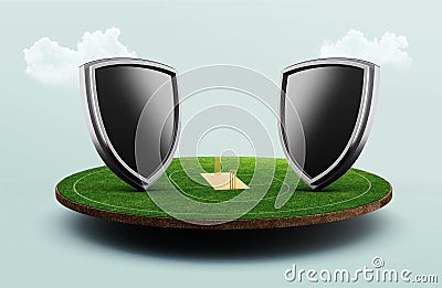 3D illustration of stadium of Cricket with shield emblem on pitch and VS versus Cartoon Illustration