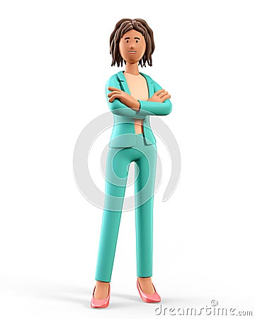 3D illustration of standing african american woman with arms crossed. Portrait of smiling businesswoman, isolated on white Cartoon Illustration