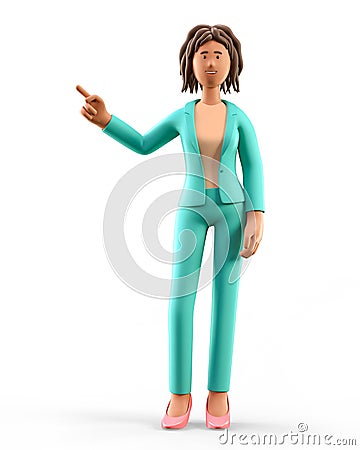 3D illustration of standing african american woman pointing finger at direction. Portrait of cartoon smiling elegant businesswoman Cartoon Illustration