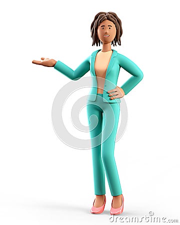 3D illustration of standing african american woman pointing hand at direction. Businesswoman in presentation pose. Cartoon Illustration