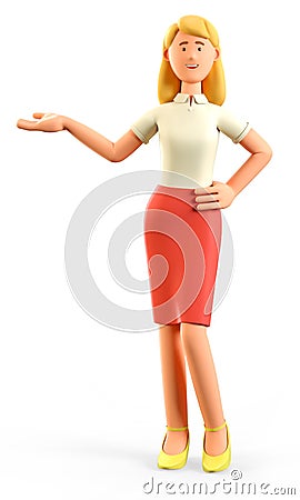 3D illustration of standing beautiful blonde woman pointing hand at direction. Cute cartoon smiling attractive businesswoman Cartoon Illustration