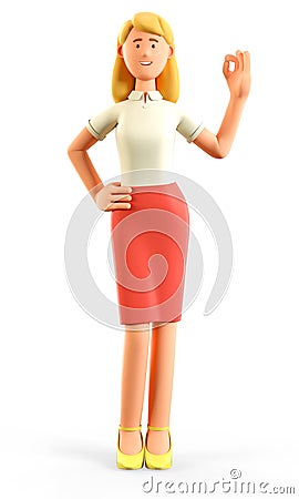 3D illustration of standing beautiful blonde woman showing ok gesture. Cartoon Illustration