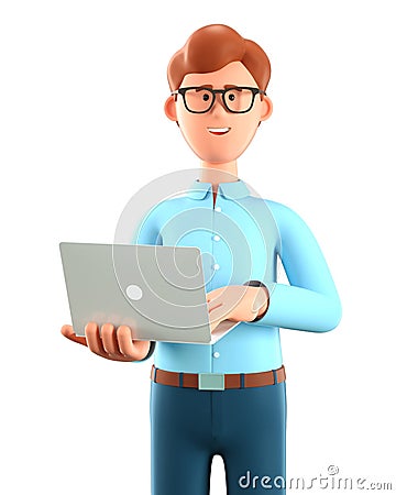3D illustration of standing happy man holding laptop. Close up portrait of cartoon smiling businessman using computer Cartoon Illustration