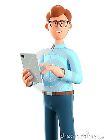 3D illustration of standing happy man holding tablet. Close up portrait of cute cartoon smiling businessman using gadget Cartoon Illustration