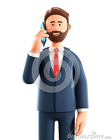 3D illustration of standing happy man talking on the phone. Close up portrait of cute smiling bearded businessman using smartphone Cartoon Illustration