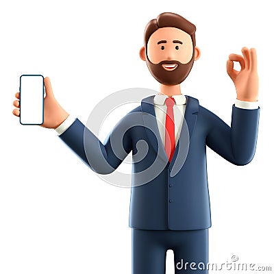 3D illustration of standing man holding smartphone with blank screen. Close up portrait of cartoon smiling businessman with phone Cartoon Illustration