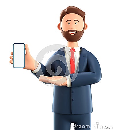 3D illustration of standing man holding smartphone and showing blank screen. Close up portrait of cartoon smiling businessman Cartoon Illustration