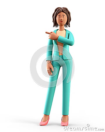 3D illustration of standing shocked african american woman with open mouth pointing finger. Cartoon Illustration