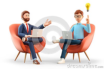 3D illustration of startup concept and business agreement. Two men with laptops, sitting in armchairs and creating new ideas. Cartoon Illustration