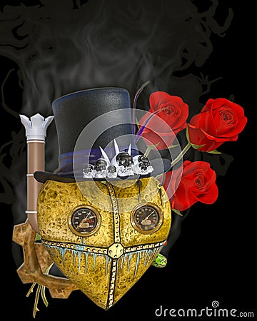 3D Illustration of a Steampunk Heart and Roses Stock Photo