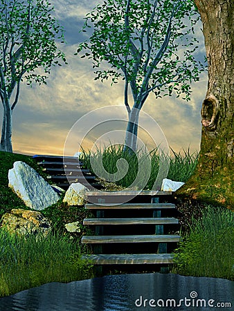 3D illustration of stone stairs in nature with trees and grass leading somewhere Stock Photo