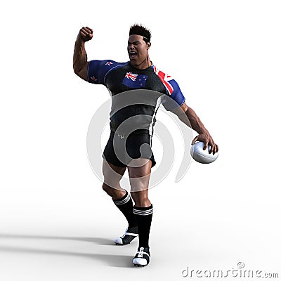 3D Illustration of stylized rugby character Player fist pumps the air as he celebrates scoring a try or winning the match Stock Photo