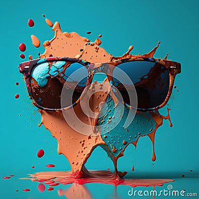 3d illustration of sunglasses with splashes of chocolate on a blue background Cartoon Illustration