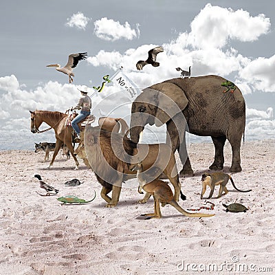 3D Illustration of surrealism showing a animal parade of lion and elephant headed by an man riding a horse Cartoon Illustration