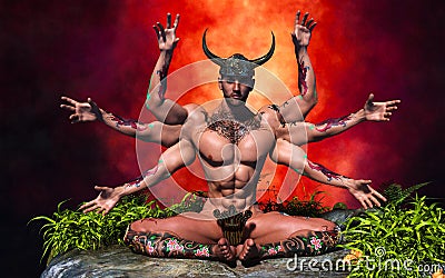 3D Illustration of surrealism showing a six armed male diety sitting in the ground Cartoon Illustration