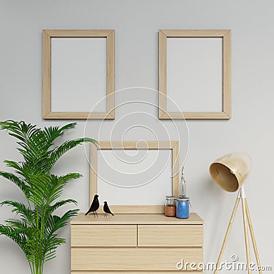 3d illustration of swedish loft interior with three a2 size blank poster mock up with light wood frame hanging horizontally and Cartoon Illustration