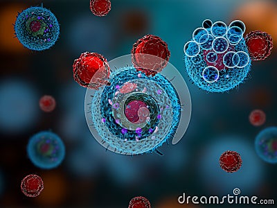 T cells attacking cancer cells Cartoon Illustration