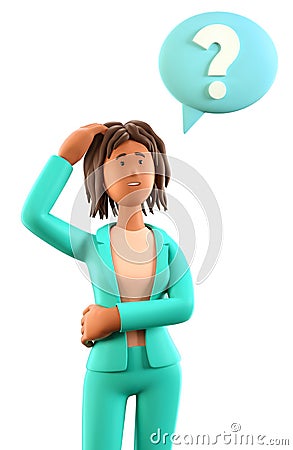 3D illustration of thinking african american woman scratching her head and looking at question mark in speech bubble. Cartoon Illustration