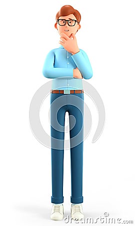 3D illustration of thinking man pondering making decision. Cartoon pensive businessman solving problems, feeling concerned puzzled Cartoon Illustration