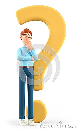 3D illustration of thinking man standing with a huge question mark. Cartoon pensive businessman solving problems Cartoon Illustration