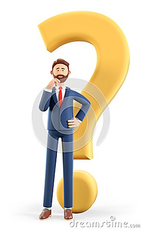 3D illustration of thinking man standing with a huge question mark. Cute cartoon pensive businessman solving problems Cartoon Illustration