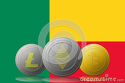 3D illustration Three cryptocurrencies Bitcoin Ethereum and Litecoin with Belice flag on background Cartoon Illustration