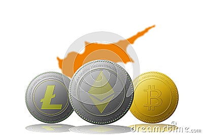 3D illustration Three cryptocurrencies Bitcoin Ethereum and Litecoin with Cyprus flag on background Cartoon Illustration