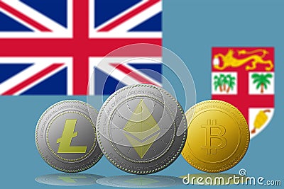 3D illustration Three cryptocurrencies Bitcoin Ethereum and Litecoin with Fiji flag on background Cartoon Illustration
