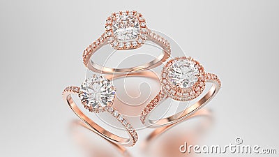 3D illustration three different rose gold diamonds rings with re Cartoon Illustration