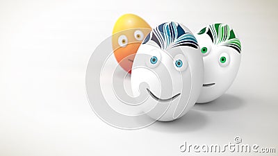3D illustration of three easter smiling eggs Cartoon Illustration