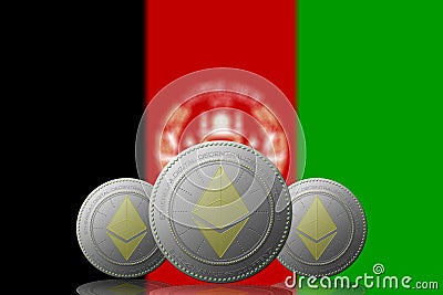 3D ILLUSTRATION Three ETHEREUM cryptocurrency with AFGANISTAN flag on background Editorial Stock Photo