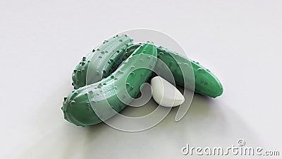 3D illustration of three gherkin pickle with a a clove of garlic Cartoon Illustration