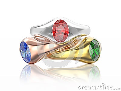 3D illustration three gold diamonds rings with red, blue, white Cartoon Illustration