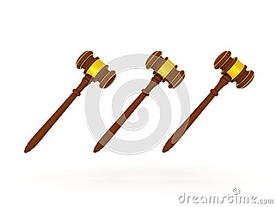 3D illustration of three golden gavels Cartoon Illustration