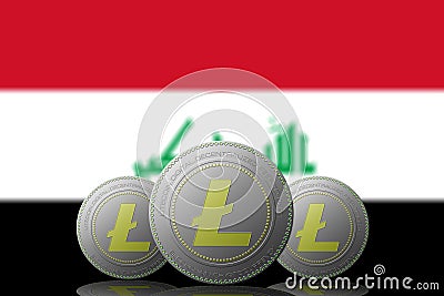 3D ILLUSTRATION Three LITECOIN cryptocurrency with Irak flag on background Stock Photo