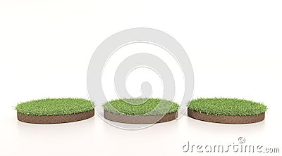 3D Illustration of three rounds green grass, soil ground, turf. Grass circle. Realistic 3D rendering . Stock Photo