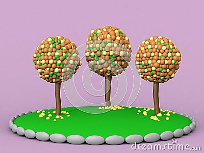 3d illustration. Three plasticine tree on a pink background Cartoon Illustration