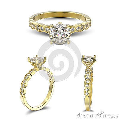 3D illustration three view of yellow gold ring with diamonds wit Cartoon Illustration