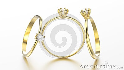 3D illustration three yellow gold traditional solitaire engagement diamond rings with reflection Cartoon Illustration