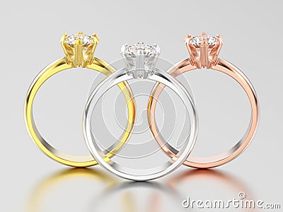 3D illustration three yellow, rose and white gold or silver trad Cartoon Illustration