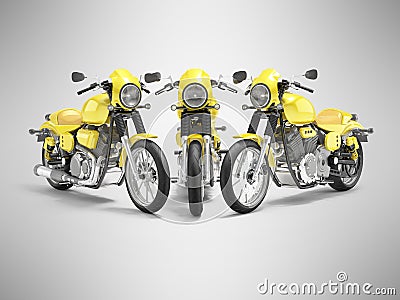 3d illustration of three yellow sports motorcycles for fast driving in row on gray background with shadow Cartoon Illustration
