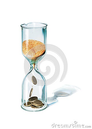 3d illustration. Time is money. Glass hourglass. The sand from the upper bulb flows into the lower one, turning from a coin of Cartoon Illustration