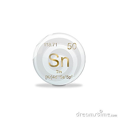 3D-Illustration, Tin symbol - Sn. Element of the periodic table on white ball with golden signs. White background Cartoon Illustration