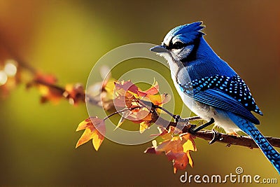 3d illustration of tiny blue jay on a branch with autumn leaves in the background Generative AI illustration Cartoon Illustration